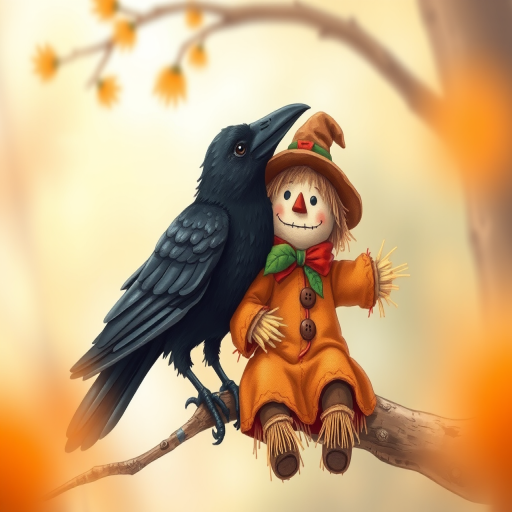 Create a detailed illustration of a crow and a scarecrow sitting on a branch in a whimsical style, captured with a DSLR camera at 50mm focal length, aperture f/2.8, ISO 100, natural lighting, and a shallow depth of field to enhance the focus on the characters while softly blurring the background.