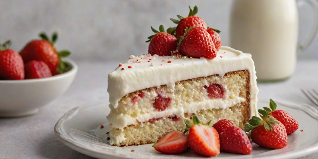 Generate an image of a slice of cake with a light frosting topped with fresh strawberries. The cake should have a moist, textured appearance, with visible bits of nuts in the batter. The background should be simple and neutral to highlight the cake.