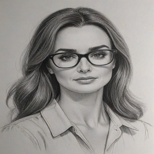 Graceful Kyle Richards, pencil sketch, portrait of Superb woman 1972s in glasses, hair style beatnik, outline, clear lines, fine lines, 8k