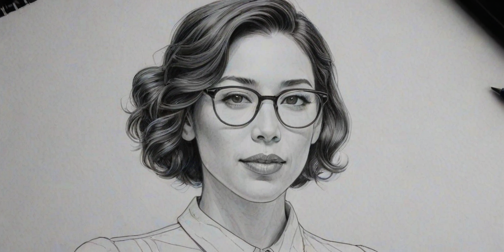 Comely Michaela Conlin, pencil sketch, portrait of Sublime woman 1932s in glasses, hair style beatnik, outline, clear lines, fine lines, 8k