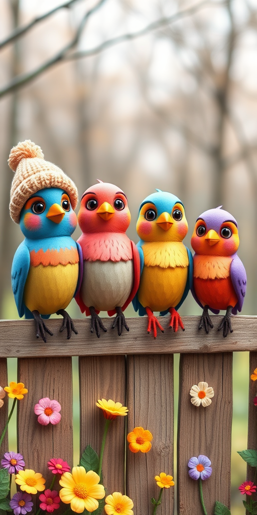 create a scene of 4 quirky  whimsical colourful comical birds each with a funny expression. they are sat on a wooden fence with colourful flowers. they are all different sizes. each one is a different colour  one is wearing a woolly hat. Each one has a different quirky google expression and there is a muted background of trees watercolour paintierly style high definition 8k resolution 3D paper mache