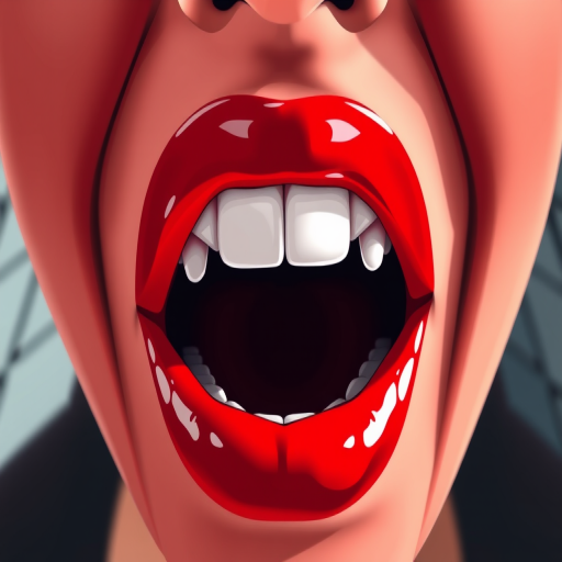 Create a vibrant illustration of an open mouth with bright red lips and white teeth, using a DSLR camera with a 50mm lens at f/1.8 for a shallow depth of field, shot in natural light from a 45-degree angle for contrast, with a clear focus on the mouth.