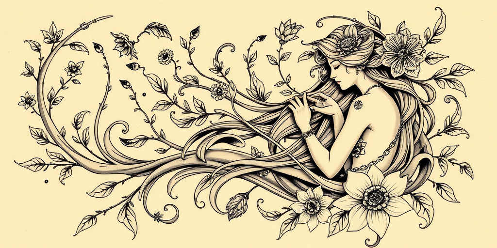 Art nouveau "Whimsical Reverie" tattoo design featuring flowing curves organic forms and nature-inspired elements combined with feminine figures and decorative motifs in a elegant and timeless style