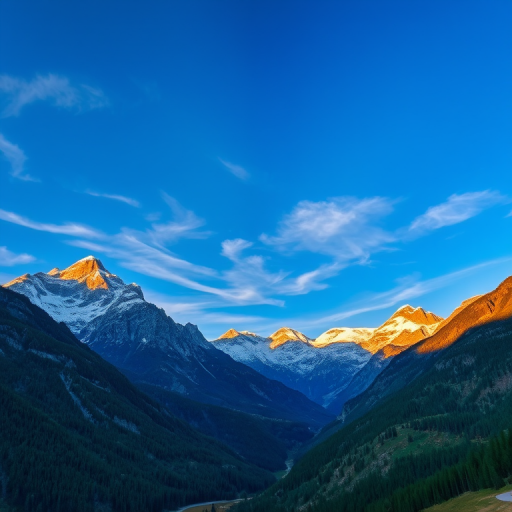 mountain landscape during golden hour, clear blue sky with wispy clouds, snow-capped peaks, wide-angle lens, f/11, ISO 100, 1/125 sec, HDR photography, DSLR camera