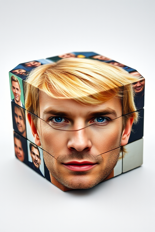 Generate an image of a 3D cube Rubik's cube featuring a collage of a man's face with blonde hair, capture it from a front view using a DSLR camera with a 50mm lens, aperture set to f/2.8, ISO 100, and shutter speed 1/250s, ensuring high contrast and vibrant colors.