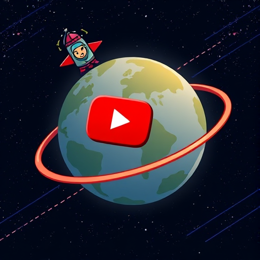Create an illustration of a planet with a red logo resembling YouTube, surrounded by a ring, with a cartoon rocket ship carrying a smartphone with a person, set against a dark space background filled with stars, using a Canon EOS R5, 24mm lens, f/2.8 aperture, ISO 100, with a high-resolution digital style.