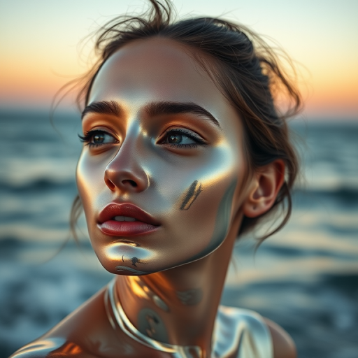 Create a hyper-realistic portrait of a woman with a reflective, liquid metal surface blending with her face, capturing the serene ocean background at sunrise, shot with a Canon EOS R5, 50mm lens, f/1.8 aperture, ISO 100, and a soft focus style to enhance the ethereal quality.