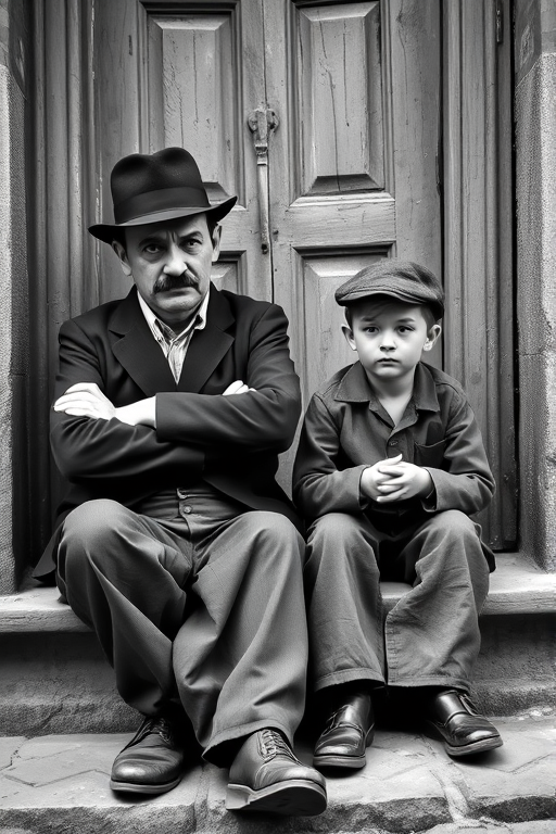 A black-and-white photograph of a man and a child sitting on steps in front of a doorway. The man is dressed as a tramp with a bowler hat, mustache, and ragged clothes, reminiscent of Charlie Chaplin's iconic look. He is sitting with his arms crossed and an expression of slight sadness or frustration. Next to him is a young boy, also in worn clothes and a cap, sitting with his hands clasped, looking thoughtful. The background is an old, textured wall and a partially open door, creating a vintage, early 20th-century atmosphere.