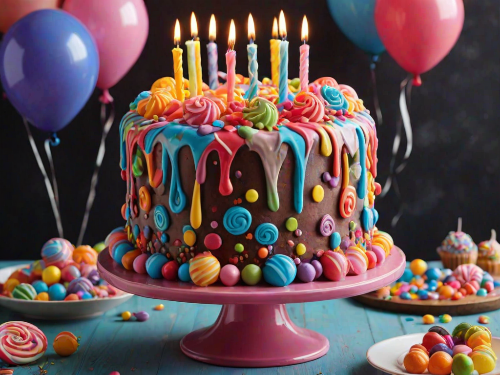 Create an image of a whimsical, multi-layered cake. The cake should have vibrant colors with pink and blue frosting, topped with a swirl of frosting and colorful candles. Surround the cake with various candies, lollipops, and balloons in a festive atmosphere. The background should be dark to highlight the cheerful colors of the cake and decorations.