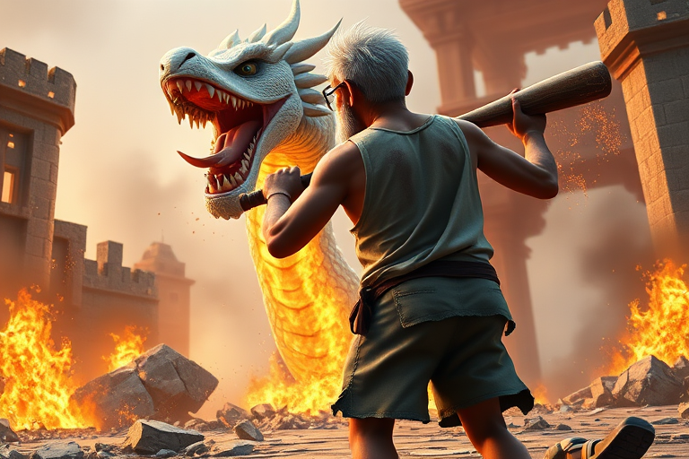 Cartoon 3D High-Resolution,dynamic battle scene using Unreal Engine 5 and Octane Render. The scene features back of an elderly, thai man with a beard,messy hair and round golden-rimmed glasses. He is wearing a tattered tank top with soot marks, shorts, and sandals. sweating. he wields a baseball bat. He jump to fight with a white fire-breathing Europe dragon amidst a partially destroyed stone castle. Include intense flames, smoke, and debris to enhance the dramatic effect.