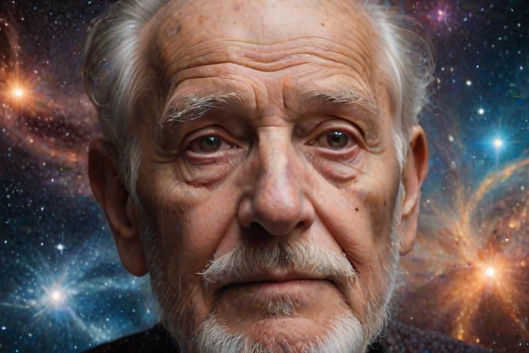 Create an image of an elderly man's face with deep-set eyes, surrounded by a cosmic backdrop filled with stars and galaxies, and a glowing orb at the forehead representing enlightenment.