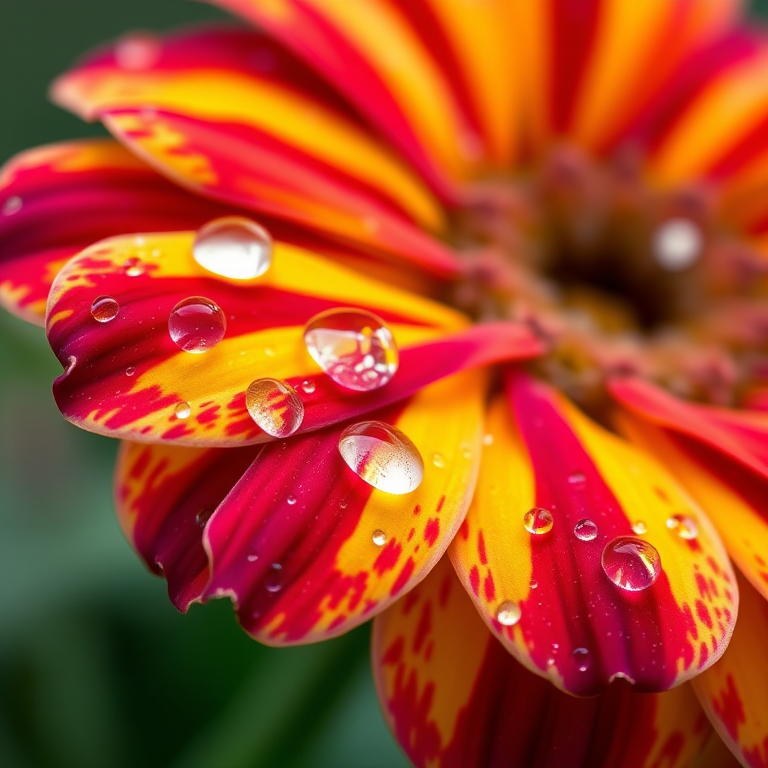 Close-up of a vibrant multicolored flower with dewdrops, soft focus background, DSLR camera, 85mm lens, aperture f/2.8, ISO 100, 1/200 sec shutter speed, natural light.