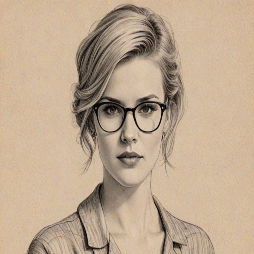 Captivating Maggie Grace, pencil sketch, portrait of Charming woman 1932s in glasses, hair style beatnik, outline, clear lines, fine lines, 8k