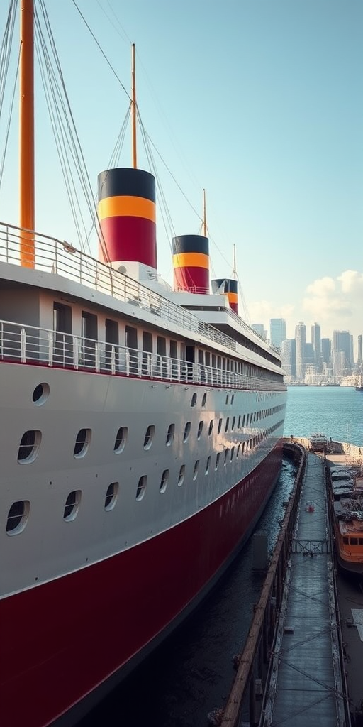Create a detailed and high-resolution image of a large historical ocean liner, resembling early 20th-century designs, positioned in a harbor with majestic views of the water and skyline, captured using a DSLR camera with a wide-angle lens at f/11 for depth of field, ISO 100, shutter speed 1/200s, in bright daylight to enhance colors and clarity.