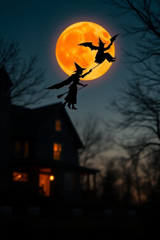 halloween scene featuring a silhouette of a witch flying on a broomstick with an orange full moon in the background, a haunted house with glowing windows, shot with a DSLR camera, 50mm lens, f/1.8 aperture, ISO 100, focus on depth of field to emphasize the foreground, low angle view at twilight for dramatic lighting