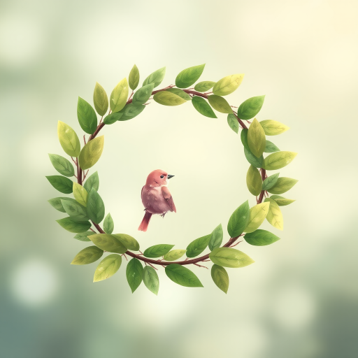 Create an illustration of a circular wreath made of green leaves with a small pink bird perched on it, using a soft focus lens with a shallow depth of field, top-down view, digital illustration style, high-resolution settings.