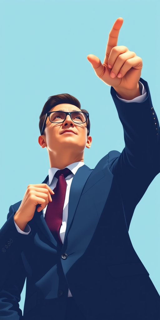 Create a high-quality vector illustration of a businessman in a suit pointing upwards, using a sharp focus with a 50mm lens, f/1.8 aperture, and a Canon EOS R camera, with a bright, professional background and soft shadow effects for depth.