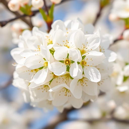 close-up of white cherry blossoms in full bloom, natural sunlight, f/2.8 aperture, 50mm lens, macro photography, DSLR camera, high resolution, shallow depth of field.