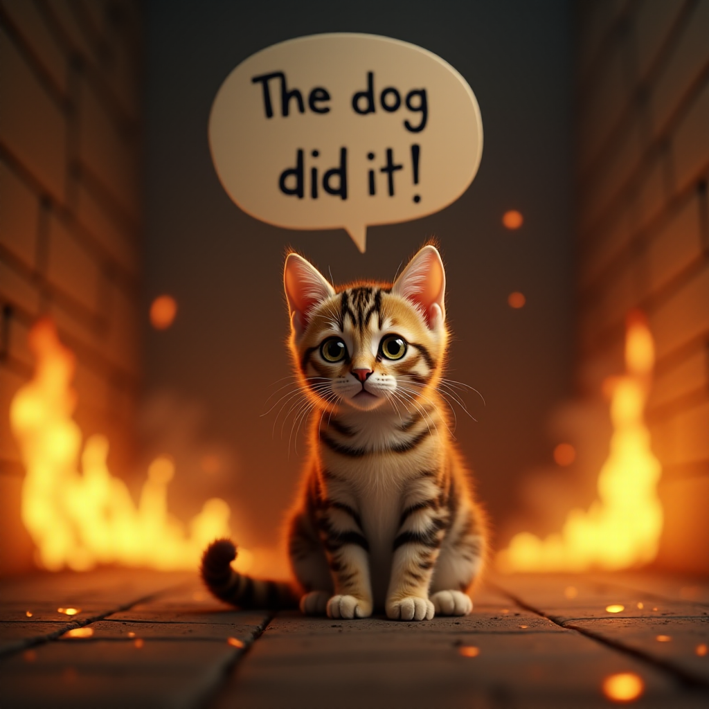 Photorealistic image of an innocent-looking cat sitting calmly in the middle of a burning room. Flames engulf the room, with fire licking up the walls and smoke filling the air. The cat is sitting on the floor, looking directly at the viewer with wide, innocent eyes. Above the cat, a speech bubble says "The dog did it!" The contrast between the cat's calm demeanor and the chaos around it creates a humorous and surreal scene.