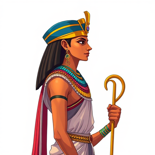 Create an illustration of an ancient Egyptian figure standing in profile, showcasing traditional attire and accessories, in vibrant colors with intricate patterns, using a DSLR camera with a 50mm lens, aperture set to f/1.8, ISO 100, natural light, in high resolution.
