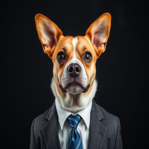 Create an image of a dog with a professional appearance, wearing a suit and tie, against a plain dark background, use a DSLR camera, 50mm lens, f/1.8 aperture, ISO 100, with soft diffused lighting to enhance details and contrast.