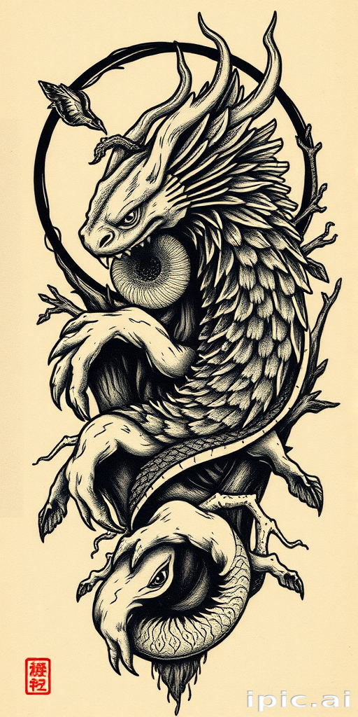 Woodcut tattoo called "Nature's Etchings" resembling traditional woodblock prints with bold lines and textured shading, portraying intricate natural scenes or mythological figures, known for its rustic and timeless appeal