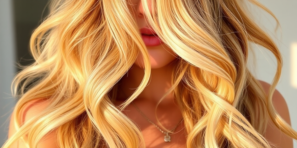 Warm honey blonde beach waves known as "Golden Hour," cascade effortlessly from a center part, featuring sun-kissed highlights and lowlights that create depth and dimension, evoking the glow of a perfect summer evening