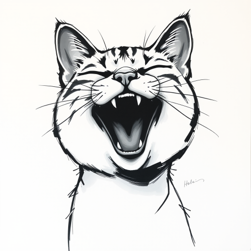 Abstract black and white acrylic portrait of an over exaggerated laughing (cat). Minimalism style. White background.