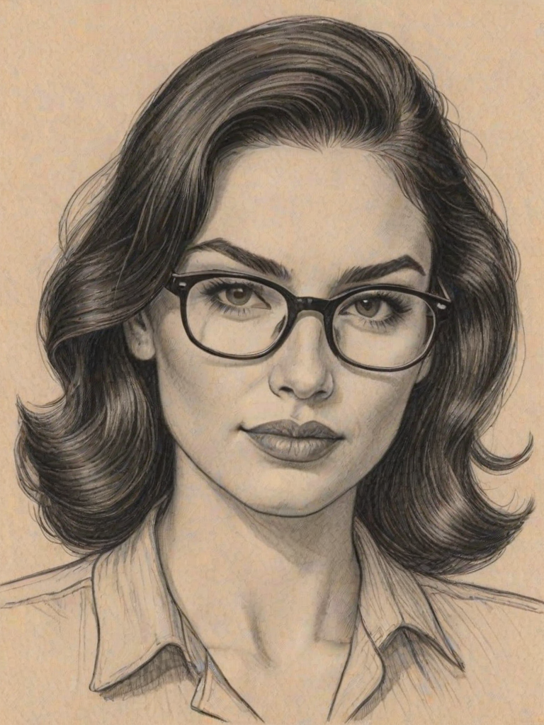 Comely Lela Loren, pencil sketch, portrait of Bewitching woman 1943s in glasses, hair style beatnik, outline, clear lines, fine lines, 8k