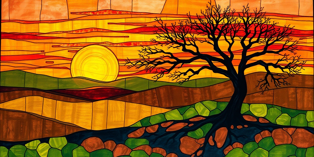 A vibrant abstract painting on Tiffany Glass, blending acrylic and alcohol ink techniques, captures a dramatic sunset over rolling hills. The artwork features a textured, rocky foreground in green and brown, layered abstract hills, and a striking sunset in rich oranges, yellows, and reds. A solitary black tree with intricate branches contrasts against the fiery sky, creating a dynamic and expressive portrayal of a breathtaking natural scene.