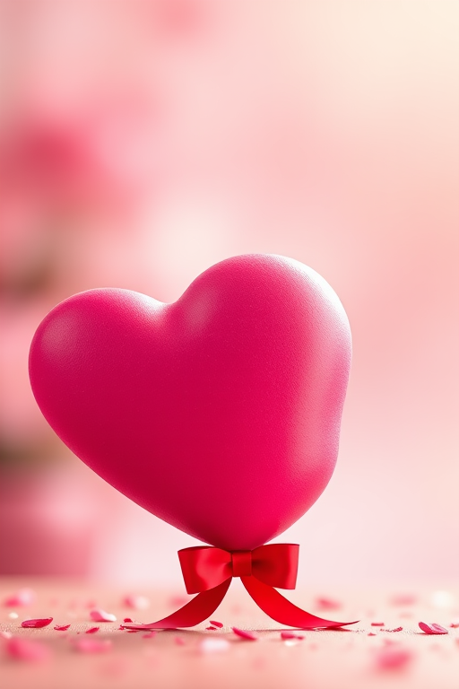 Create a vibrant digital illustration of two hearts, one pink and one red, each adorned with a bow at the base, with a soft-focus background to enhance depth; use a Canon EOS R5 with a 50mm f/1.2 lens, aperture set to f/2.8, ISO 100, and a view from slightly above to capture a warm, inviting atmosphere.
