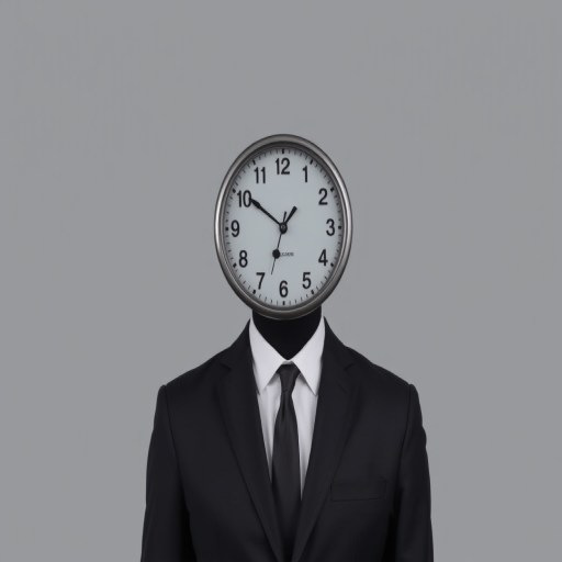 Create an image of a faceless figure in a black suit with a clock as a head, set against a solid background, using a DSLR camera with a 50mm lens, f/1.8 aperture, ISO 100, 1/200 sec shutter speed, high dynamic range, and soft lighting for enhanced quality.