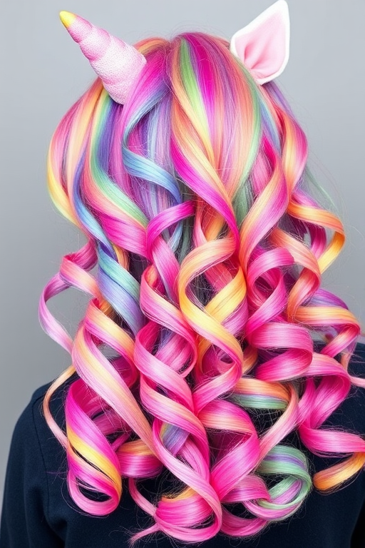 Vibrant rainbow unicorn hair featuring an array of pastel hues blended seamlessly, styled in bouncy spiral curls for a whimsical and playful appearance