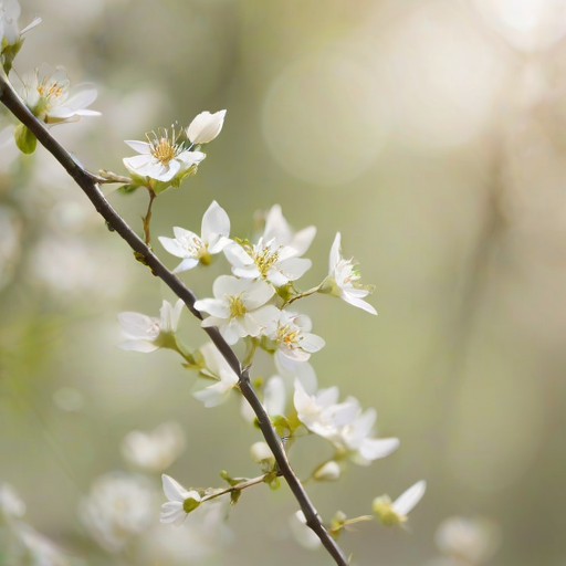 delicate white flowers on thin branches with a soft blurred background depicting a serene nature scene