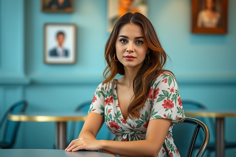 regenerate an image of a woman sitting in a cafe, wearing a floral dress with a light blue background, captured with a Canon EOS R5, 85mm lens, aperture f/1.8, shallow depth of field, natural light, focusing on the dress details while softly blurring the background