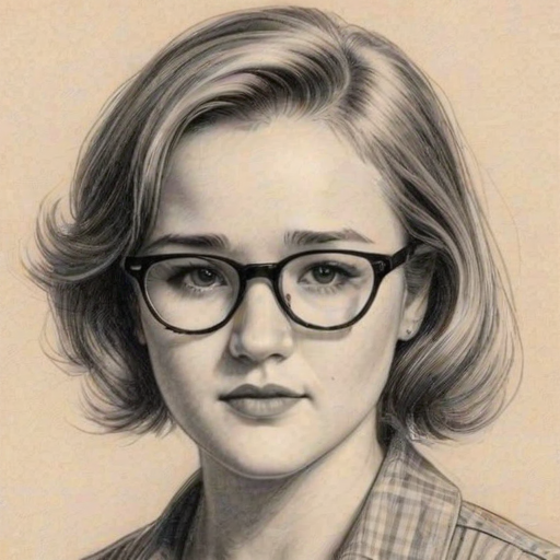 Fetching Haley Joel Osment, pencil sketch, portrait of Charming woman 1959s in glasses, hair style beatnik, outline, clear lines, fine lines, 8k