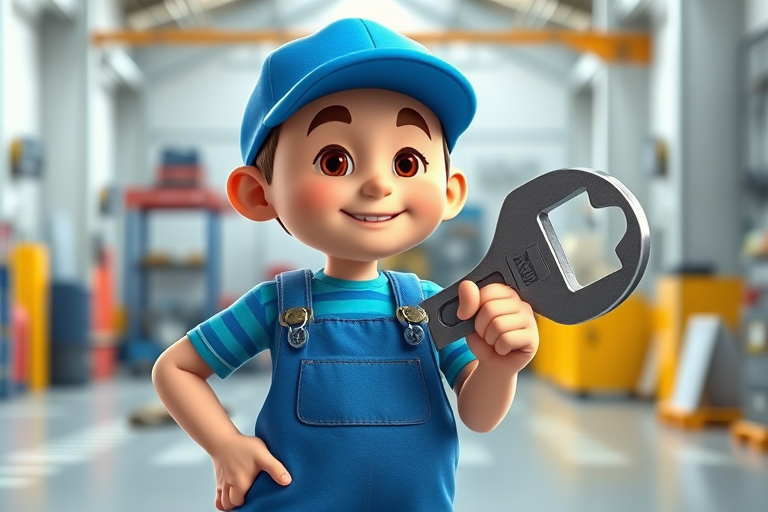 Create a 3D illustration of a cartoon character wearing blue overalls and a blue cap, holding a large adjustable wrench, in a bright and clean industrial setting, captured with a DSLR camera at 50mm, f/2.8 aperture, ISO 100, and soft natural lighting for enhanced quality.