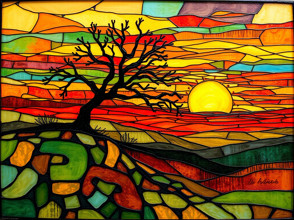 A vibrant abstract painting on Tiffany Glass, blending acrylic and alcohol ink techniques, captures a dramatic sunset over rolling hills. The artwork features a textured, rocky foreground in green and brown, layered abstract hills, and a striking sunset in rich oranges, yellows, and reds. A solitary black tree with intricate branches contrasts against the fiery sky, creating a dynamic and expressive portrayal of a breathtaking natural scene.