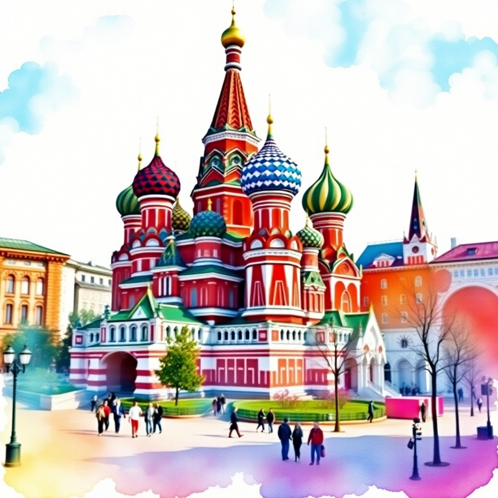 Create a vibrant watercolor depiction of St. Basil's Cathedral in Moscow, emphasizing the colorful onion domes and surrounding square, captured with a DSLR camera at 50mm, f/1.8 aperture, 1/200s shutter speed, shot in bright daylight for enhanced clarity and detail.