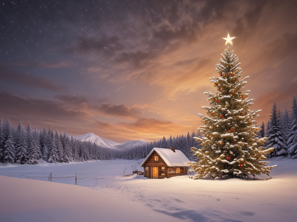 A Cozy Winter Scene Featuring a Charming Cabin and Christmas Tree Under ...