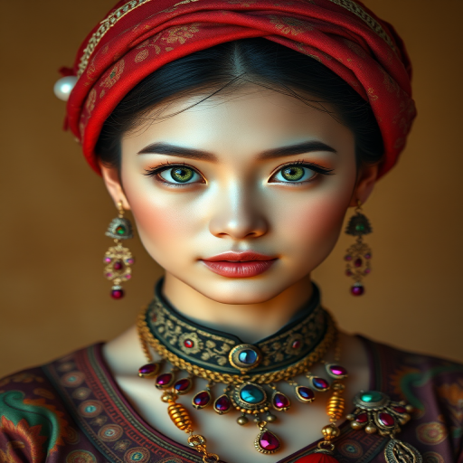 Create a portrait of a beautiful Vietnamese woman with striking green eyes and a gentle expression. She is adorned in traditional attire with intricate patterns, including a richly embroidered headscarf and matching garments. Her jewelry includes a delicate headpiece, dangling earrings, and ornate bracelets, all featuring vibrant gemstones and detailed metalwork. The background is soft and warm, enhancing the rich colors of her outfit and jewelry.