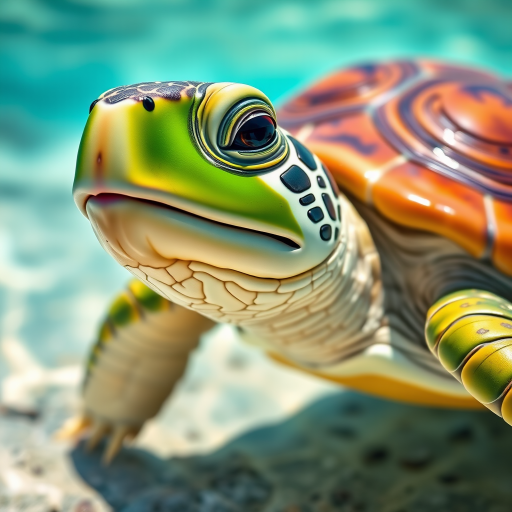 Create a vibrant cartoon-style image of a green turtle with a brown shell, using a Canon EOS R5 camera, 24mm lens at f/8, captured from a low angle in bright daylight to enhance colors and details.