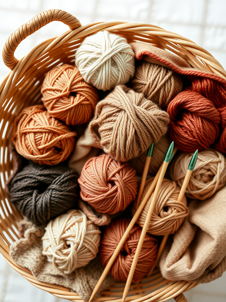 A cozy arrangement of various yarn balls in earthy tones inside a woven basket, with a few knitting needles and fabric swatches neatly placed around, soft diffused lighting, ISO 100, aperture f/2.8, 50mm lens, taken with a DSLR camera from a top-down perspective.