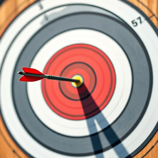 Create a high-resolution image of a bullseye target with an arrow stuck in the center, using a DSLR camera with a 50mm lens, f/2.8 aperture, ISO 100, 1/200 sec exposure, shallow depth of field, and a bright natural lighting setup.
