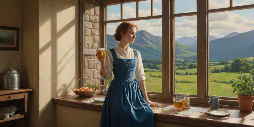 In "A Glass of Beer on the Highland," a serene scene is depicted in a sunlit room where a woman in a vibrant blue dress stands by a large window. She holds a tray with a hearty meal and a frothy glass of beer, embodying a moment of relaxation. Outside, the breathtaking highland landscape features rolling green hills and a charming traditional house, all bathed in warm afternoon light. The interior is adorned with potted plants, creating a harmonious blend of comfort and nature. The painting beautifully captures the tranquility and joy found in simple pleasures amidst stunning scenery