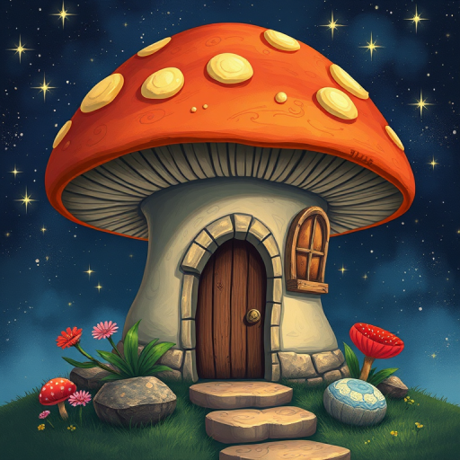 generate illustration of a mushroom house with a door and a window, a storybook , fantasy art, mushroom house, bg starry sky, sparkles