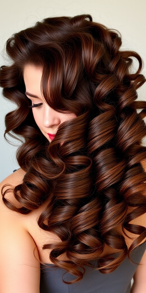 Rich chocolate brown curls with caramel highlights, styled in a voluminous 1940s-inspired pin-up look complete with victory rolls, dubbed Vintage Mocha Dream