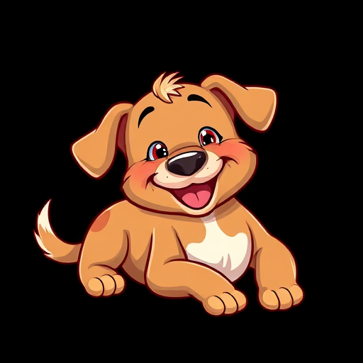 Create a cartoon-style illustration of a playful, happy brown dog with a white patch on its chest, lying down and smiling, using vibrant colors against a solid black background, shot with a Canon EOS 5D Mark IV at f/8, ISO 100, with a 50mm lens, utilizing a soft focus technique for a whimsical effect.
