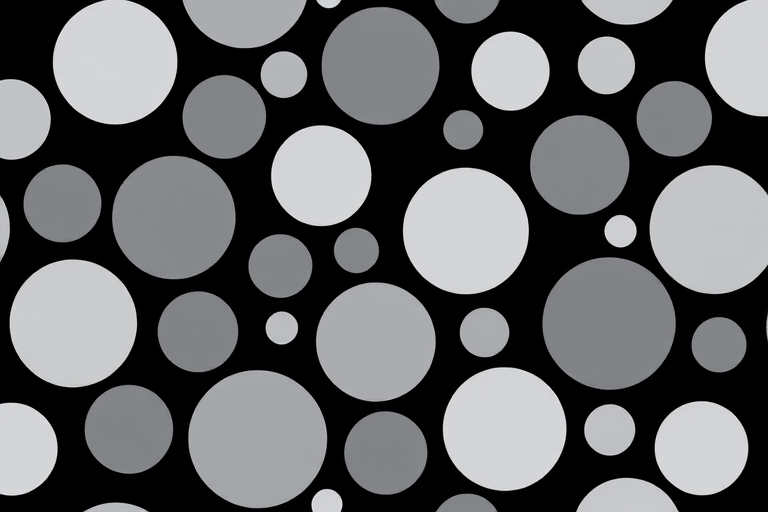 Create a seamless pattern of circular shapes in grayscale with varying shades of white and gray, set against a black background, shot with a macro lens at f/8, ISO 200, 1/125s, using a digital camera for high detail and clarity.
