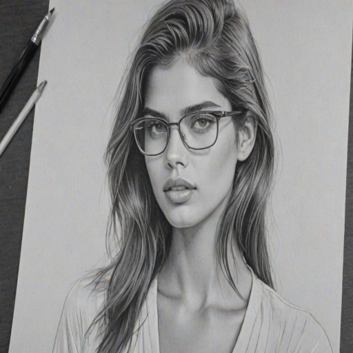 Captivating Sara Sampaio, pencil sketch, portrait of Sublime woman 1975s in glasses, hair style beatnik, outline, clear lines, fine lines, 8k